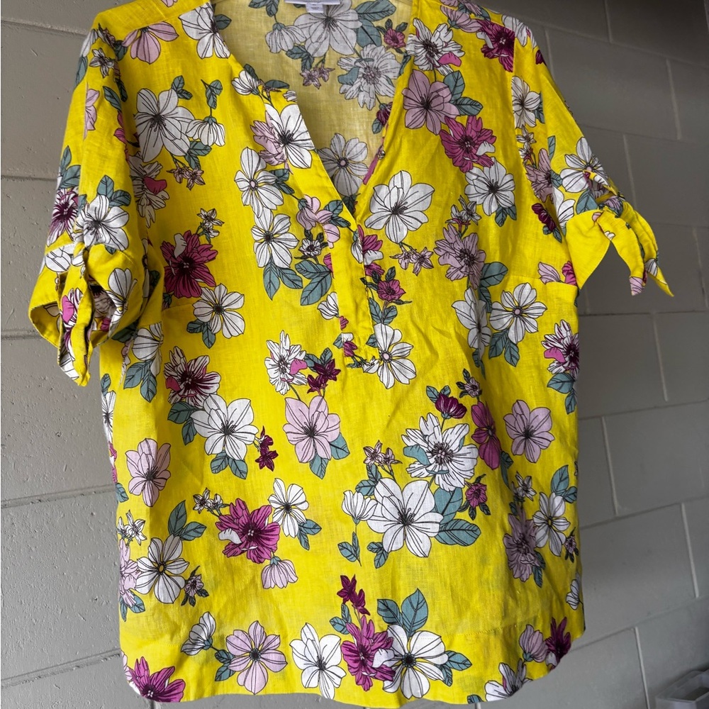 Charter Club Luxury Linen Floral Yellow Women's Top XL summer